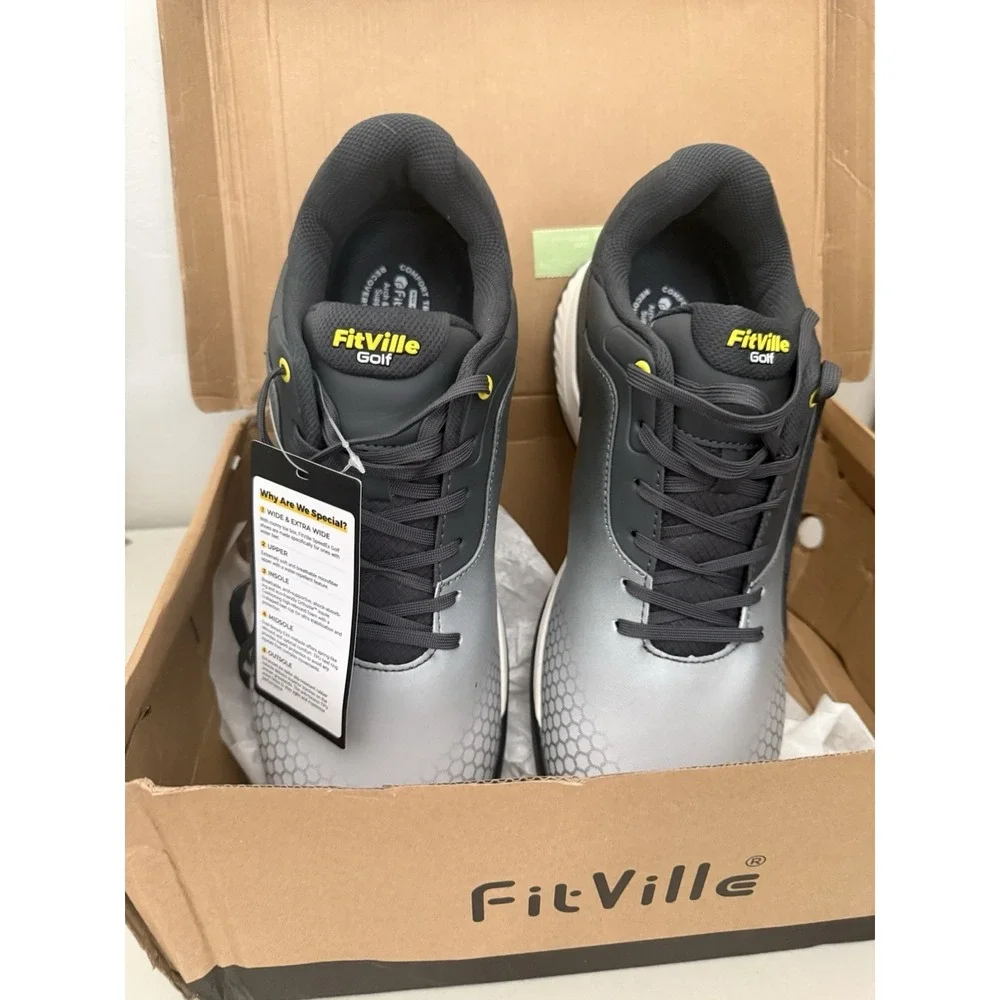 FitVille Men's Golf Shoes Professional Outdoor Waterproof Spiked Shoe Grey/White